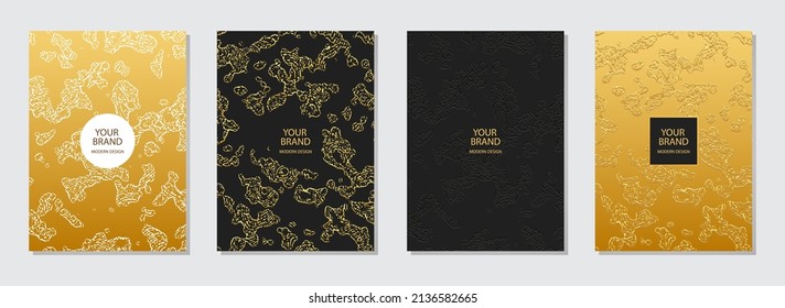 Set of vertical cover design templates. Geometric luxury backgrounds, golden abstract pattern, grunge marble texture. Design for brochure, catalog, book, poster, flyer, invitation.