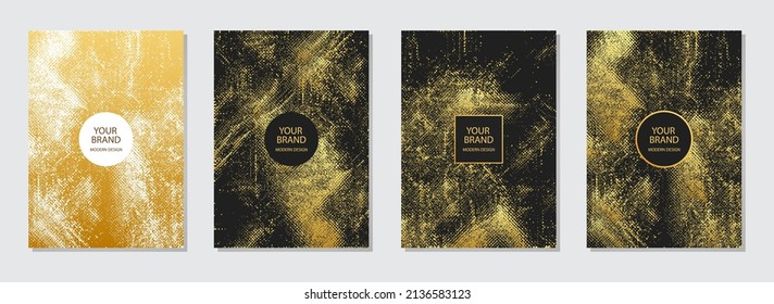 Conjunto de plantillas de diseño de portada verticales. Fondo negro geométrico creativo, textura de grano de mármol dorado. Diseño para folleto, catálogo, libro, afiche, volante, invitación.