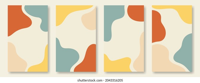Set of vertical cute abstract backgrounds in doodle style, flowing colored shapes on a beige backdrop, childish or girly template for social media posting.