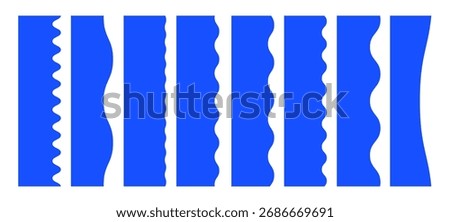 Set of vertical dividers and borders with different wavy edge patterns. Collection with different blue shapes with scalloped, and smooth curves, perfect for decorative page separators
