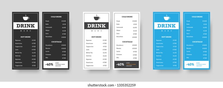 set of vertical DL menu black, white and blue for drinks. Template with linear designs for cafes and restaurants. Design for printing. Vector illustration