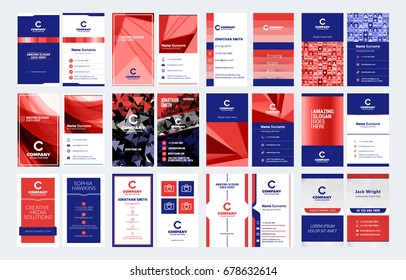 Set of vertical double sided business card templates. Stationery design vector set. Vector illustration