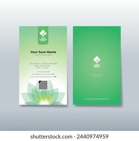 Un conjunto de diseños verticales de plantilla de tarjeta de visita de doble cara con ilustraciones de pétalos de flores amarillas verdes transparentes sobre un fondo degradado verde y blanco