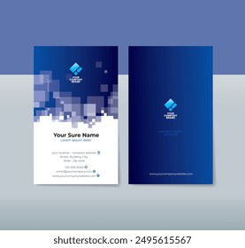 A set of vertical double-sided business card template designs with random transparent white squares on dark blue background