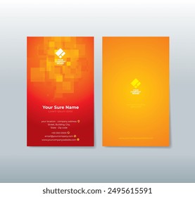 A set of vertical double-sided business card template designs with random transparent yellow squares on orange red gradation background