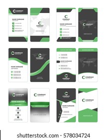 Set of vertical double-sided business card templates. Stationery design vector set. Green and black colors. Flat style vector illustration