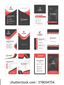 Set of vertical double-sided business card templates. Stationery design vector set. Red and black colors. Flat style vector illustration