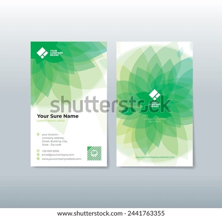 A set of vertical double-sided business card template designs with illustrations of transparent green yellow flower petals on a green and white gradient background