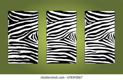 Set of vertical drawings of zebra strips. 3 types: dry brush, smooth, fur.