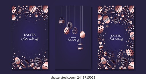 Set of vertical Easter banners with eggs in rose gold color on a dark blue background. Vector illustration