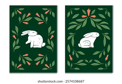 A set of vertical Easter cards featuring hand-drawn rabbits, floral motifs, and pastel decorations. Perfect for springtime celebrations, invitations, or holiday designs.