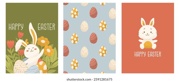 Set of vertical Easter greeting cards. Adorable bunny with flowers and painted eggs. Egg pattern. Baby hare. Celebration of Christian holiday. Warm cozy drawing. Vector illustration.