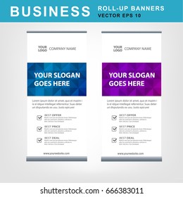 A set of vertical eye-catching business roll-up banners with blue and purple colors polygonal box vector banner templates.