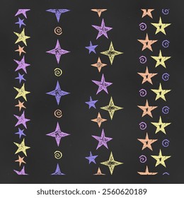 Set of Vertical Fantasy Seamless Patterns Chalk Drawn Sketches of Stars. Kit of Textural Crayon Drawings of Endless Borders of Stars of Orange, Violet, Yellow, Lilac Colors on Black Backdrop. 