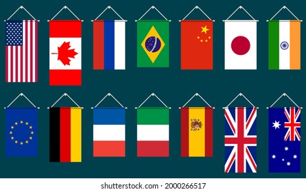 Set of vertical flags of the largest countries in the world: USA, Canada, Great Britain, China, Japan, Germany, European Union, France, Italy, Russia, Brazil, India, Spain, Australia. Vector EPS10.