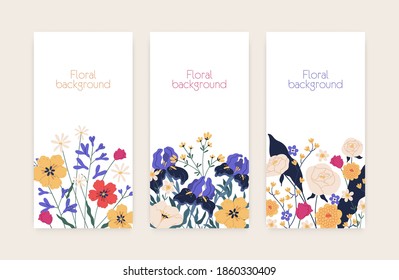 Set of vertical floral card or banners with place for text. Collection of flyers with gorgeous and elegant blooming flowers on white background. Colorful flat vector illustration