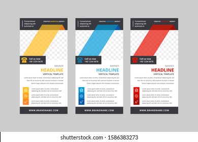 Set of vertical flyer design in a minimalist style with a place for a photo. Template of roll up banner stand,  brochures of black and white with diagonal color elements.  red, yellow and blue colors