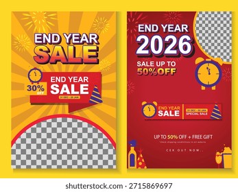 Conjunto de folleto de Vertical para la venta de fin de año 2026 con marcadores de posición de fotos, fondos de estallido estelar e íconos de compras festivas en colores rojo y amarillo.