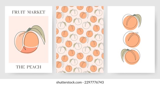 Set of vertical flyer, posters templates with Peach. One Continuous Line Art Design with tropical Fruit. Hand Draw different collection. Simple outline style. Colorful vector illustration. 