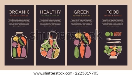 Set of vertical flyer templates with organic, healthy, vegan food.Banners with vector illustrations of vegetables, berries, dishes, cutlery, veggies. For vegetarian cafe, menu, book of recipes.