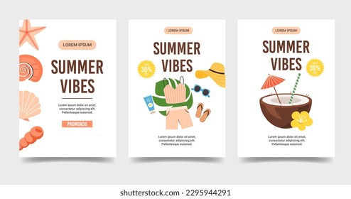 Set of vertical flyer templates Summer Vibes Holidays. Promotion banner with seashells, Summer clothes, cocktail in coconut half. Beach, Party, Sale concept. Flat colorful vector illustration. 