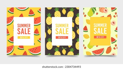 Set of vertical flyer templates Summer Sale promotion. Advertisement banner with tropical Fruit pattern. Flat colorful vector illustration