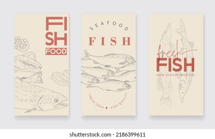 A set of vertical flyers for advertising a fish shop or seafood market. Fresh fish illustrations. Seafood labels for groceries, fisheries, fish store.