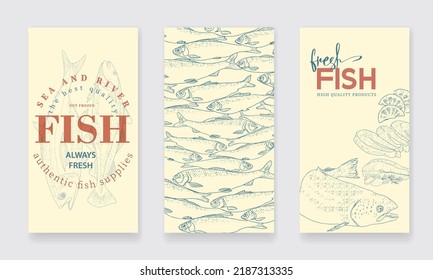 A set of vertical flyers for advertising a fish shop or seafood market. Fresh fish illustrations. Seafood labels for groceries, fisheries, fish store.