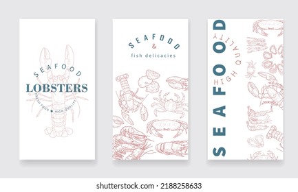 A set of vertical flyers for advertising a fish shop or seafood market. Illustrations for ocean products. Seafood labels for grocery, fishing, fish store.