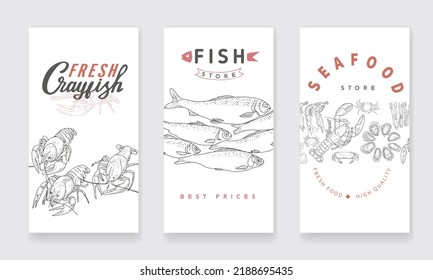 A set of vertical flyers for advertising a fish shop or seafood market. Illustrations for ocean products and fresh fish. Seafood labels for grocery, fishing, fish store.