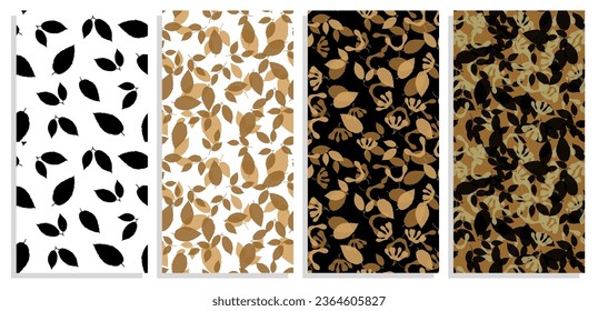 Set of vertical flyers with black silhouettes of ash leaves seamless pattern. Autumn fallen leaves of ash tree. Templates for invitation, banners, brochures print. Vector on white and black