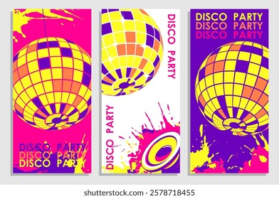 Set of vertical flyers with mirror disco ball with shiny spotlight flashes. Ball with mirror mosaic pattern. Templates for party invitation, banners, brochures print. Vector on white, blue background