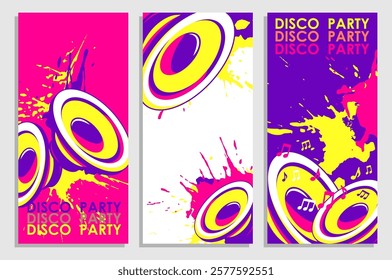 Set of vertical flyers with music speakers and notes droped with colored blots and dots of paint splatter. Templates for party invitation, banners, brochures print. Vector on white, blue background