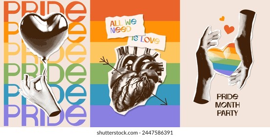 Set of vertical flyers on the theme of pride month in retro halftone collage style. Vector illustration of female hands with halftone effect, human heart, palm holding heart shaped balloon.