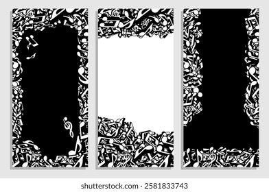 Set of vertical flyers with pile of musical keys signs, symbols of cacophony. Templates for gothic theme party invitation, banners, brochures print. Black and white minimalistic vector in comic style