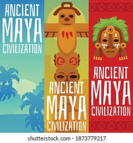 Set of vertical flyers or posters on top of Maya ancient civilization and culture with folk wooden masks, flat vector illustration. Bundle of banners of Mayan culture.