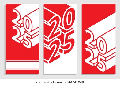 Set of vertical flyers with silhouette of isometric new year inscription 2025. Templates for invitation, banners, brochures print. Vector on white and red background