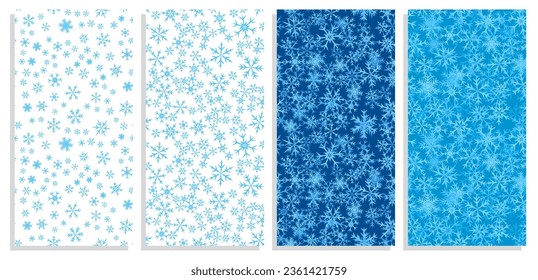 Conjunto de volantes verticales con copos de nieve de invierno. Seis puntiagudos copos de nieve, símbolo del clima invernal y el humor festivo. Plantillas para invitación, banners, folletos impresos. Vector en blanco y azul