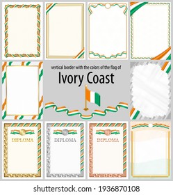 Set of vertical frames and borders in the colors of the flag of Ivory Coast, template elements for your certificate and diploma. Vector.