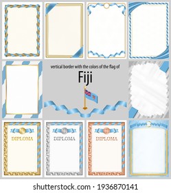 Set of vertical frames and borders in the colors of the flag of Fiji, template elements for your certificate and diploma. Vector.