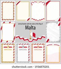 Set of vertical frames and borders in the colors of the flag of Malta, template elements for your certificate and diploma. Vector.