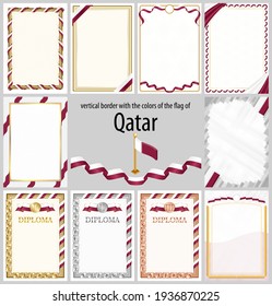 Set of vertical frames and borders in the colors of the flag of Qatar, template elements for your certificate and diploma. Vector.