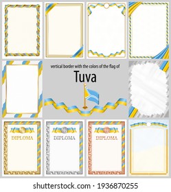 Set of vertical frames and borders in the colors of the flag of Tuva, template elements for your certificate and diploma. Vector.