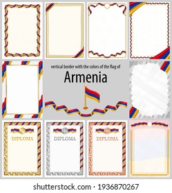 Set of vertical frames and borders in the colors of the flag of Armenia, template elements for your certificate and diploma. Vector.