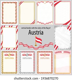 Set of vertical frames and borders in the colors of the flag of Austria, template elements for your certificate and diploma. Vector.