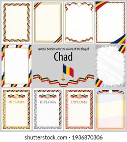 Set of vertical frames and borders in the colors of the flag of Chad, template elements for your certificate and diploma. Vector.