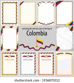 Set of vertical frames and borders in the colors of the flag of Colombia, template elements for your certificate and diploma. Vector.