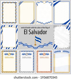 Set of vertical frames and borders in the colors of the flag of El Salvador, template elements for your certificate and diploma. Vector.