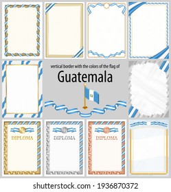 Set of vertical frames and borders in the colors of the flag of Guatemala, template elements for your certificate and diploma. Vector.