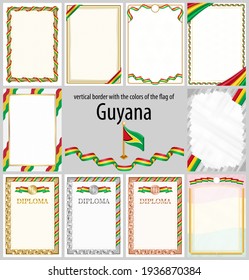 Set of vertical frames and borders in the colors of the flag of Guyana, template elements for your certificate and diploma. Vector.